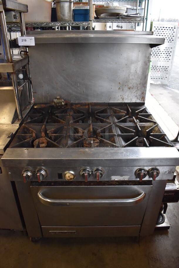 Southbend Stainless Steel Commercial Propane Gas Powered 6 Burner Range w/ Oven, Over Shelf and Back Splash on Commercial Casters. 36x43x59