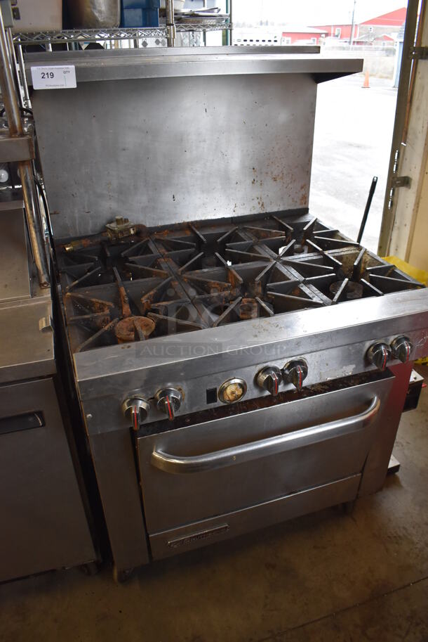 Southbend Stainless Steel Commercial Propane Gas Powered 6 Burner Range w/ Oven, Over Shelf and Back Splash on Commercial Casters. 36x43x59 - Image 2 of 5