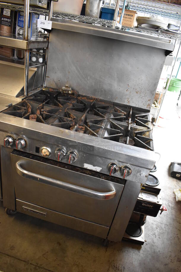 Southbend Stainless Steel Commercial Propane Gas Powered 6 Burner Range w/ Oven, Over Shelf and Back Splash on Commercial Casters. 36x43x59 - Image 3 of 5