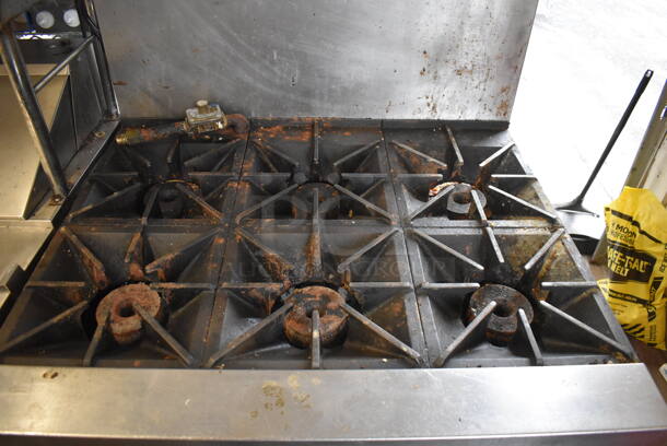 Southbend Stainless Steel Commercial Propane Gas Powered 6 Burner Range w/ Oven, Over Shelf and Back Splash on Commercial Casters. 36x43x59 - Image 4 of 5