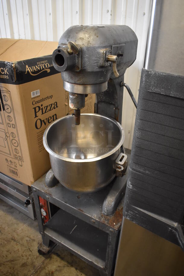 Hobart A-200 Metal Commercial Countertop 20 Quart Planetary Dough Mixer Attached to Equipment Stand w/ Metal Bowl. 115 Volts, 1 Phase. 20x24x55. Tested and Working!