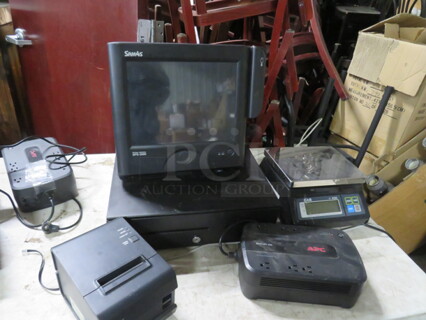 One SAM4S POS System Including 1 SPS-2000 Terminal, Cash Drawer, Thermal Printer #Ellix-2011, And 1 APC Battery Backup #ups350.