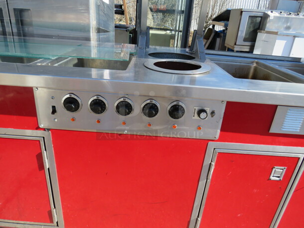 One AWESOME WORKING Delfield 5 Well Steam Table With 4 SS Over Shelves With Hatco Warmers, 4 Doors Under With Storage, And Sneeze Guards On Casters. Model# KH-6-NU. 240 Volt. 96X38X60. - Image 2 of 4
