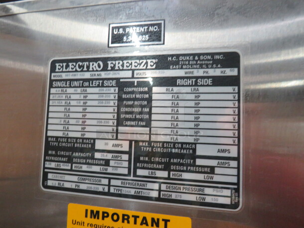 One WORKING Electro Freeze 2 Flavor Twist Soft Serve Machine On Casters. Model# 99T-RMT-132. 208-230 Volt. 3 Phase. Ser# H2P-2876. - Image 4 of 4