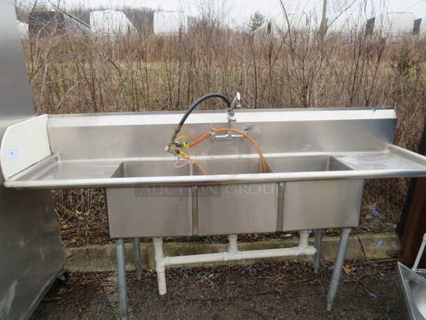 One Stainless Steel 3 Compartment Sink With R/L Drain Board, Back Splash, And Faucet. 91X26X48