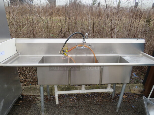 One Stainless Steel 3 Compartment Sink With R/L Drain Board, Back Splash, And Faucet. 91X26X48 - Image 2 of 2