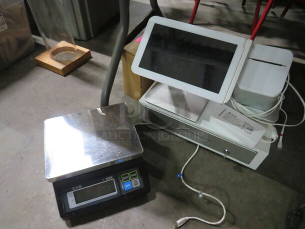 One Clover POS System Including Terminal, Cash Drawer, With Key,, Thermal Printer, And CAS Scale. 