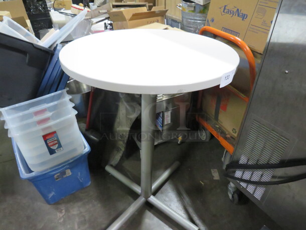 One White Laminate Table Top On A Bar Height Pedestal Base. 30X30X43.5