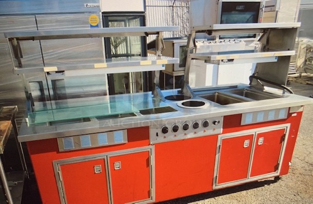 One AWESOME WORKING Delfield 5 Well Steam Table With 4 SS Over Shelves With Hatco Warmers, 4 Doors Under With Storage, And Sneeze Guards On Casters. Model# KH-6-NU. 240 Volt. 96X38X60. - Image 3 of 4