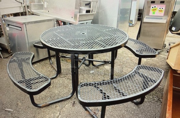 One Black Metal Round Table With 4 Bench Seats. All Connected. NICE!!!! 83X29
