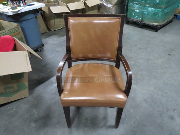 BEAUTIFUL Wooden Dining Arm Chair With Brown Cushioned Seat And Back. 4XBID - Image 1 of 3