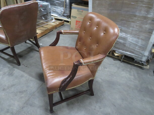 Wooden Arm Chair With Brown Leather  Cushioned Seat And Back, And Nail Head Trim. 2XBID - Image 2 of 3