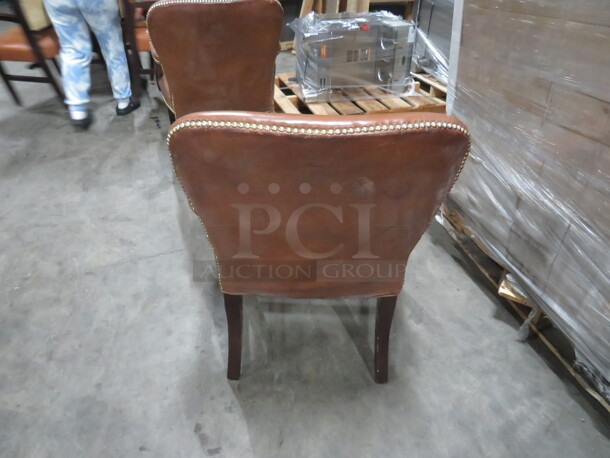 Wooden Arm Chair With Brown Leather  Cushioned Seat And Back, And Nail Head Trim. 2XBID - Image 3 of 3