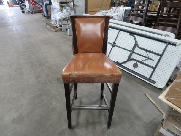 Wooden Bar Height Chair With Brown Leather  Cushioned Seat And Back, And Footrest. 2XBID
