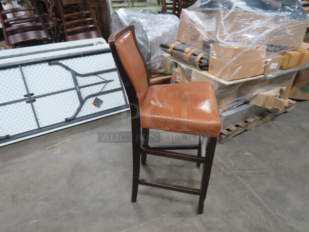 One Wooden Bar Height Chair With Brown Leather  Cushioned Seat And Back, And Footrest. - Image 2 of 3