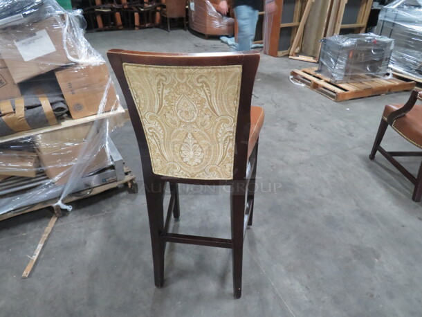One Wooden Bar Height Chair With Brown Leather  Cushioned Seat And Back, And Footrest. - Image 3 of 3