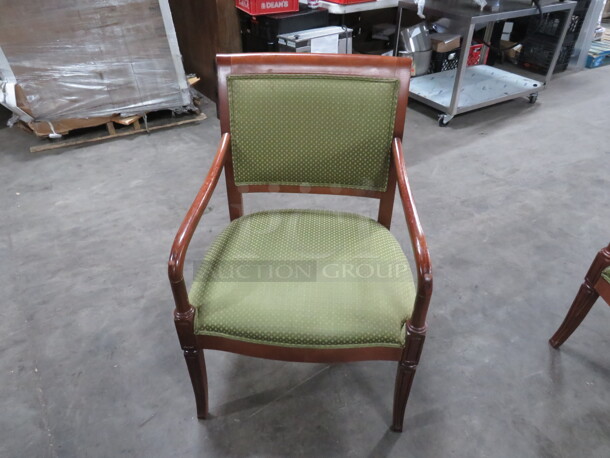 Wooden Arm Chair With With Green  Cushioned Seat And Back. 2XBID