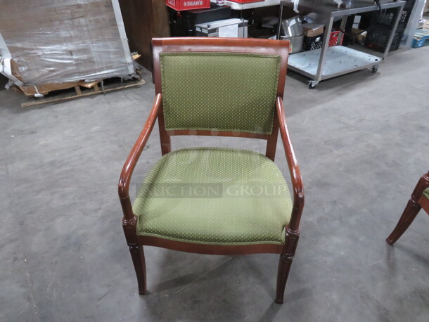 Wooden Arm Chair With With Green  Cushioned Seat And Back. 2XBID - Image 1 of 3