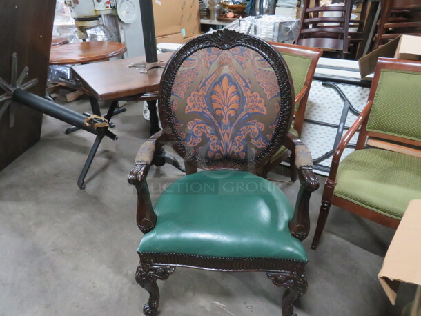 One Wooden Arm Chair With Cushioned Seat And Back. - Image 1 of 1