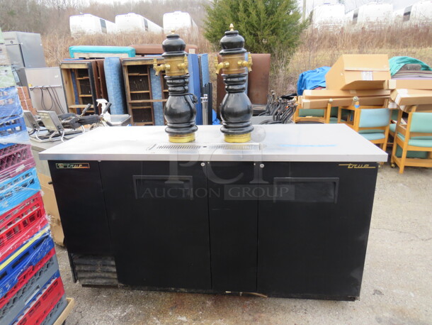One True 2 Door Keg Box With 2 Vintage Ceramic Draft Beer Towers With 4 Taps. Model# TDD-3. 115 Volt.  - Image 1 of 4