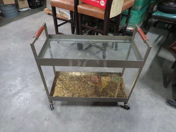 One Metal 2 Shelf Serving Cart With Glass Shelves And Leather Handles, On Casters. 32.5X13.5X32 - Image 2 of 2