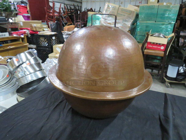 One 13 Inch Round Hammered Copper Bowl With Lid. 