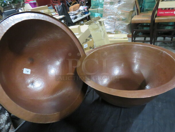 One 13 Inch Round Hammered Copper Bowl With Lid.  - Image 2 of 2