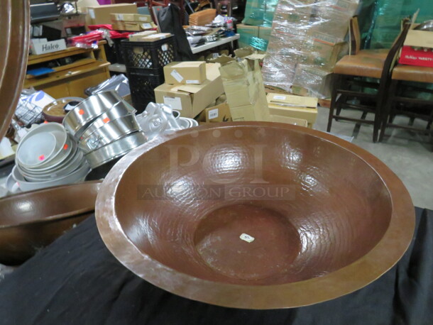 One 16.5 Inch Round Hammered Copper Bowl With Lid.  - Image 2 of 2
