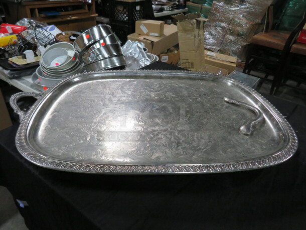 One 23X19 Silver Platter. Missing 2 Feet, And 1 Handle Off. See Pics.