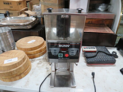 One Bunn DBC Coffee Grinder With 2 Hoppers. Model# FPG-2-DBC. 120 Volt. 8.5X10X22