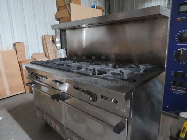 One SS Garland 10 Burner Natural Gas Range, With Over Shelf, On Casters. Model# H284. 60X33X59. - Image 2 of 2