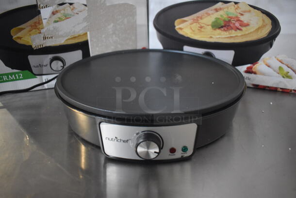 2 BRAND NEW IN BOX! Nutrichef PCRM12 Metal Countertop Electric Crepe Maker. 120 Volts, 1 Phase. 12x12x3. 2 Times Your Bid!
