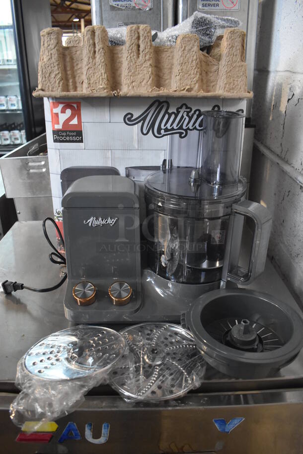 BRAND NEW IN BOX! Nutrichef NCFPG9 Metal Countertop Food Processor w/ S Blade and 2 Grating Blades. 120 Volts, 1 Phase. 12x9x17 - Image 1 of 12
