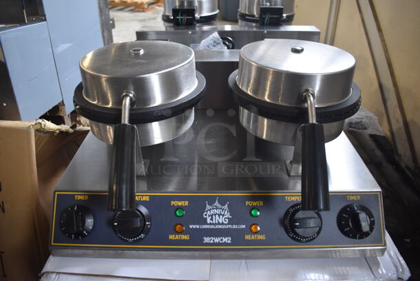 BRAND NEW IN BOX! Carnival King 382WCM2 Stainless Steel Commercial Countertop 8" Non-Stick Double Waffle Cone Maker. 120 Volts, 1 Phase. 20x16x11. Tested and Working! - Image 1 of 8