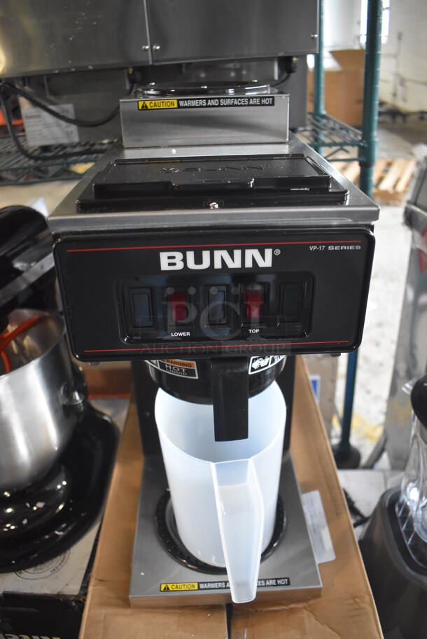 BRAND NEW IN BOX! 2022 Bunn VP17-2 Stainless Steel Commercial Countertop Low Profile Pourover 2 Burner Coffee Brewer w/ Poly Brew Basket and Poly Pitcher. 120 Volts, 1 Phase. 8x18x20. Tested and Working!