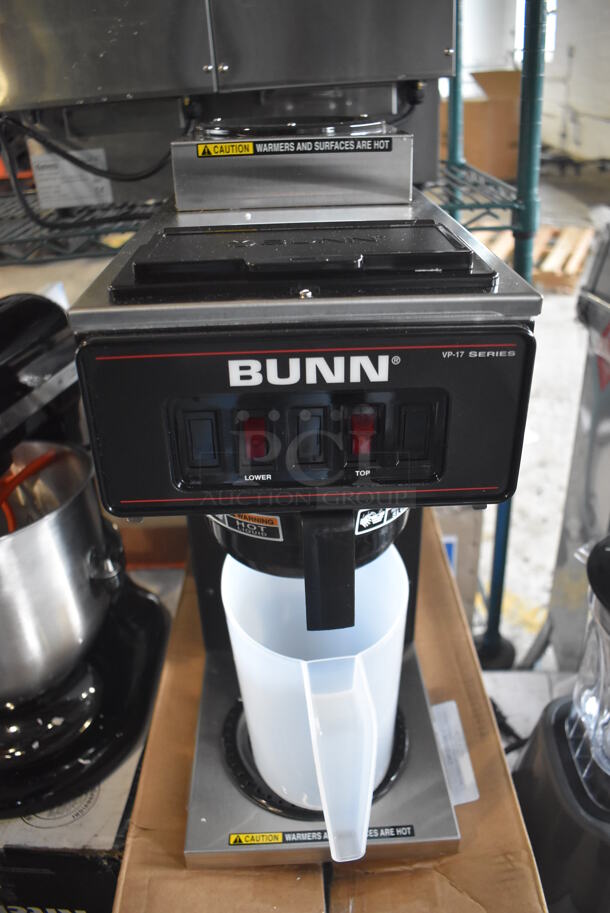 BRAND NEW IN BOX! 2022 Bunn VP17-2 Stainless Steel Commercial Countertop Low Profile Pourover 2 Burner Coffee Brewer w/ Poly Brew Basket and Poly Pitcher. 120 Volts, 1 Phase. 8x18x20. Tested and Working! - Image 1 of 6