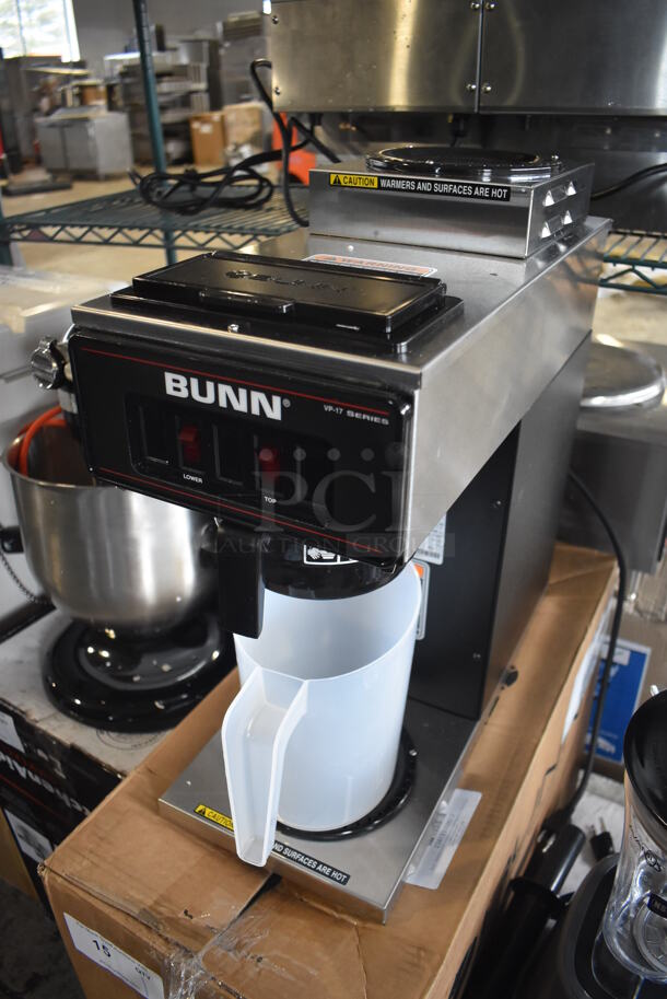 BRAND NEW IN BOX! 2022 Bunn VP17-2 Stainless Steel Commercial Countertop Low Profile Pourover 2 Burner Coffee Brewer w/ Poly Brew Basket and Poly Pitcher. 120 Volts, 1 Phase. 8x18x20. Tested and Working! - Image 2 of 6