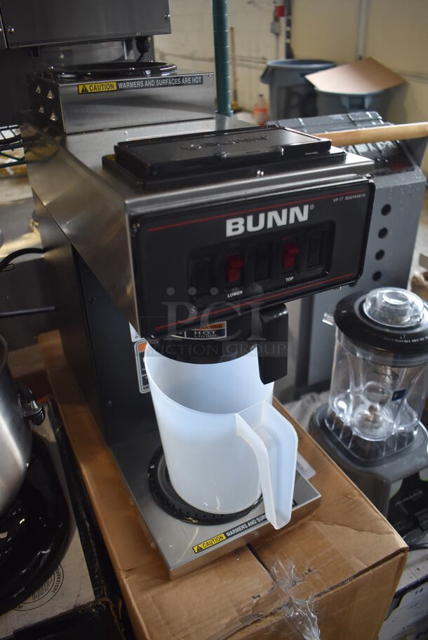 BRAND NEW IN BOX! 2022 Bunn VP17-2 Stainless Steel Commercial Countertop Low Profile Pourover 2 Burner Coffee Brewer w/ Poly Brew Basket and Poly Pitcher. 120 Volts, 1 Phase. 8x18x20. Tested and Working! - Image 3 of 6