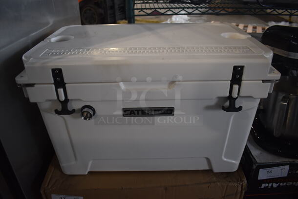 BRAND NEW IN BOX! CaterGator JB45WH White Poly 1 Faucet 47 Qt. Insulated Jockey Box with 120 ft. Coil. 27x17x17.5 - Image 1 of 7