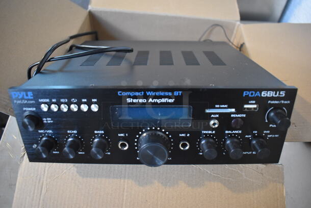 2 BRAND NEW IN BOX! Pyle PDA6BU.5 Compact Wireless BT Stereo Amplifier. 10x10x3.5. 2 Times Your Bid!