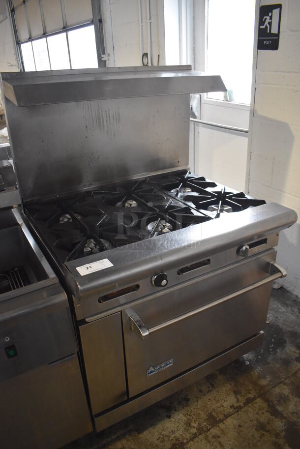 American Range AR6 Stainless Steel Commercial Natural Gas Powered 6 Burner Range w/ Oven, Over Shelf and Back Splash. 36x32x57 - Image 2 of 8