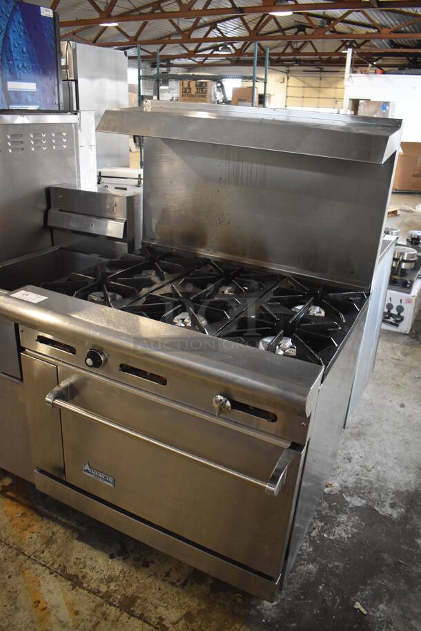 American Range AR6 Stainless Steel Commercial Natural Gas Powered 6 Burner Range w/ Oven, Over Shelf and Back Splash. 36x32x57 - Image 3 of 8