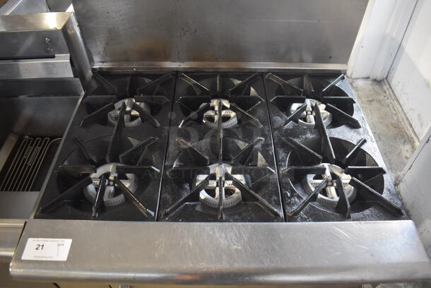 American Range AR6 Stainless Steel Commercial Natural Gas Powered 6 Burner Range w/ Oven, Over Shelf and Back Splash. 36x32x57 - Image 4 of 8