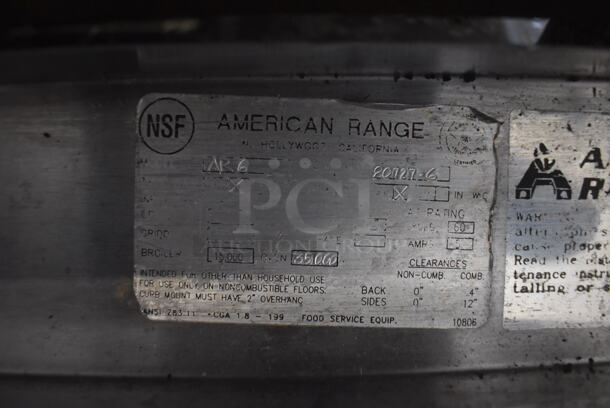 American Range AR6 Stainless Steel Commercial Natural Gas Powered 6 Burner Range w/ Oven, Over Shelf and Back Splash. 36x32x57 - Image 7 of 8