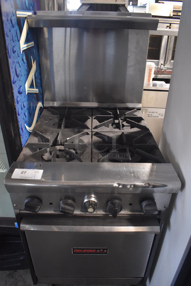 Tri-Star Stainless Steel Commercial Natural Gas Powered 4 Burner Range w/ Oven, Over Shelf and Back Splash on Commercial Casters. 24x32x58