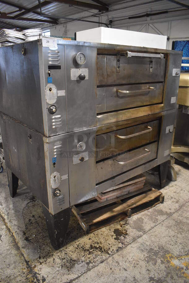 2 Bakers Pride Stainless Steel Commercial Gas Powered Single Deck Pizza Ovens on Metal Legs w/ Cooking Stones. 65x43x66. 2 Times Your Bid!