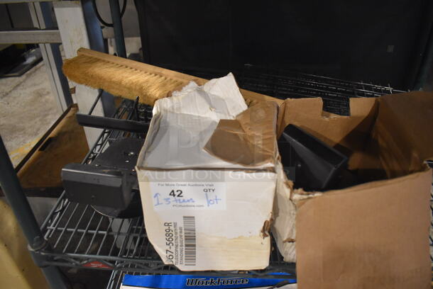 ALL ONE MONEY! Lot of 3 Tiers of Various Items Including metal Baskets, Poly Bins, Robot Coupe Blade Stands and Credit Card Reader Mounts. Shelving Unit Is Not Included - Image 2 of 6