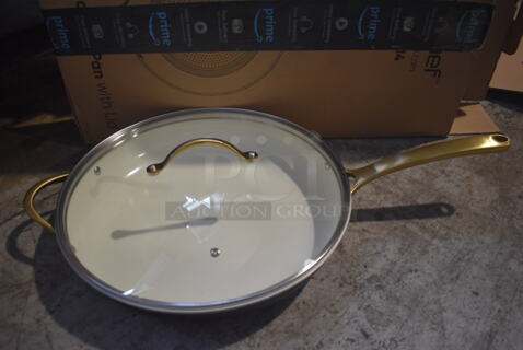 BRAND NEW! Nutrichef NCHGLDX14 Metal 14" Non Stick Skillet w/ Lid. 26x15x6