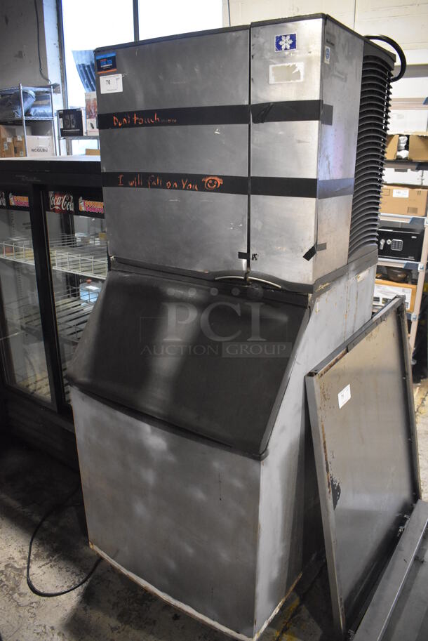Manitowoc SY0854A Stainless Steel Commercial Ice Machine Head on Commercial Ice Bin. 208-230 Volts, 1 Phase. 31x35x76