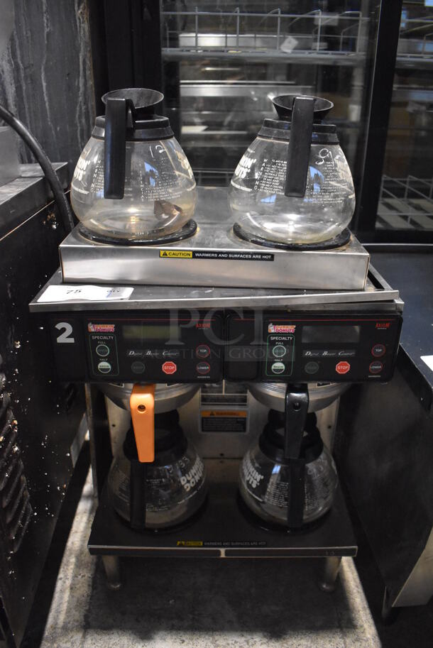 2016 Bunn AXIOM 2/2 TWIN Stainless Steel Commercial Countertop 4 Burner Coffee Machine w/ 2 Metal Brew Baskets and 4 Coffee Pots. 120/208-240 Volts, 1 Phase. 16x18x23